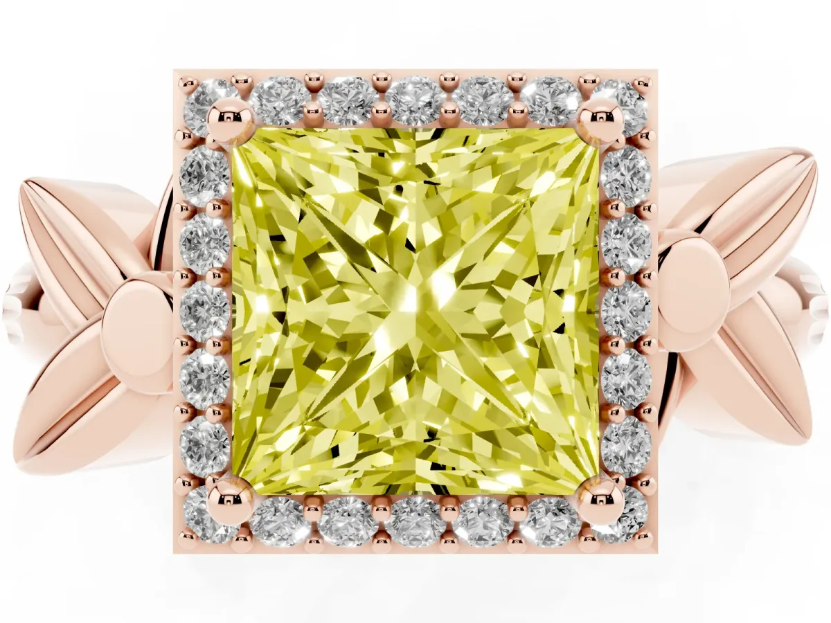 Fancy Yellow Princess Cut Halo Diamond Floral Band with Four-Prong Setting Rose gold