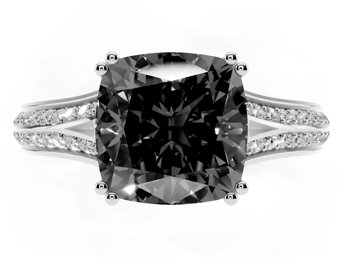 Fancy Black Cushion Cut Diamond Split Shank Engagement Ring with Pavé Band Silver