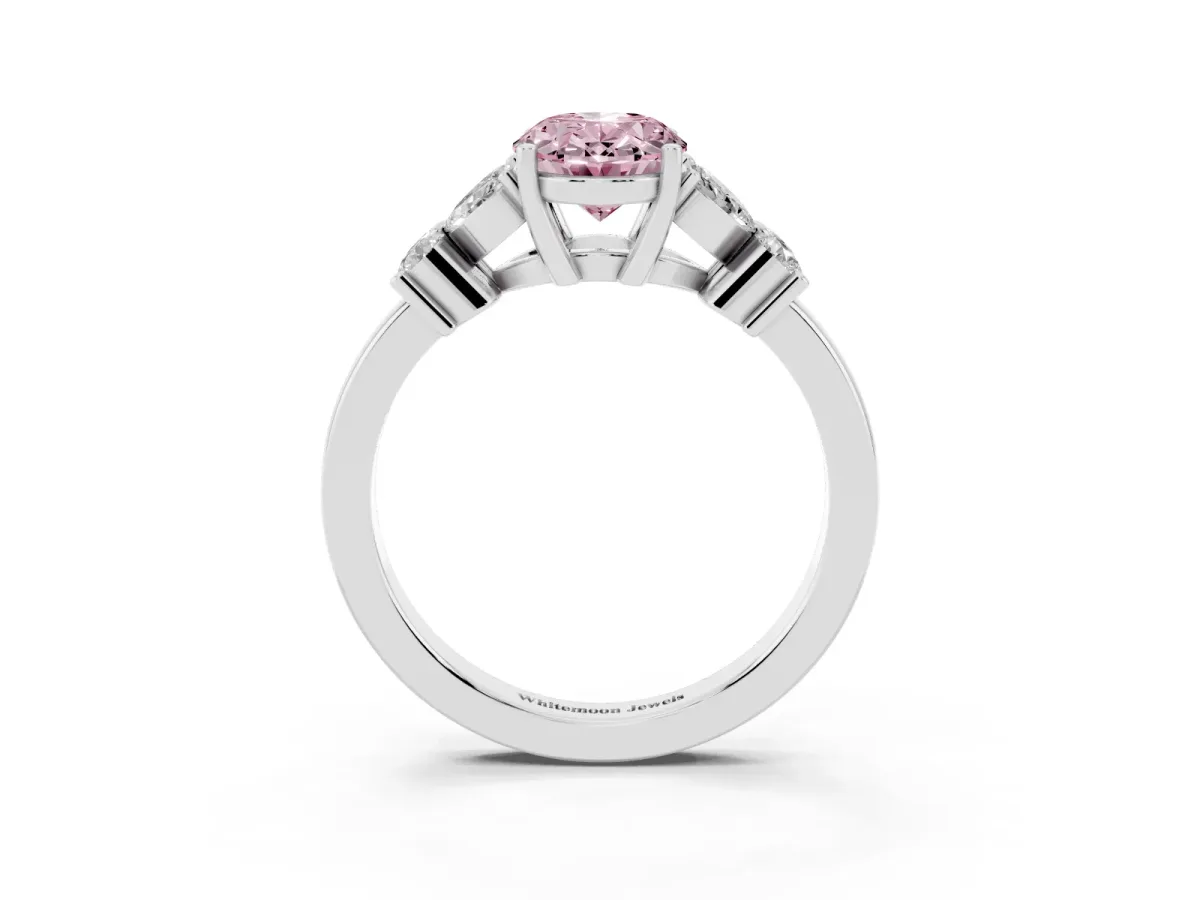 Fancy Pink Oval Cut Diamond Floral Cluster Ring with Solitaire Band and Prong Setting White gold