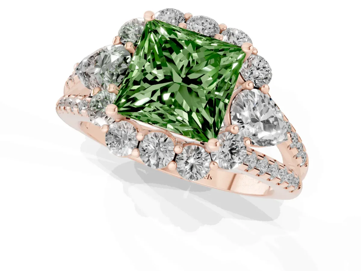 Fancy Green Princess Cut Halo Split Shank Diamond Engagement Ring with Prong Setting Rose gold