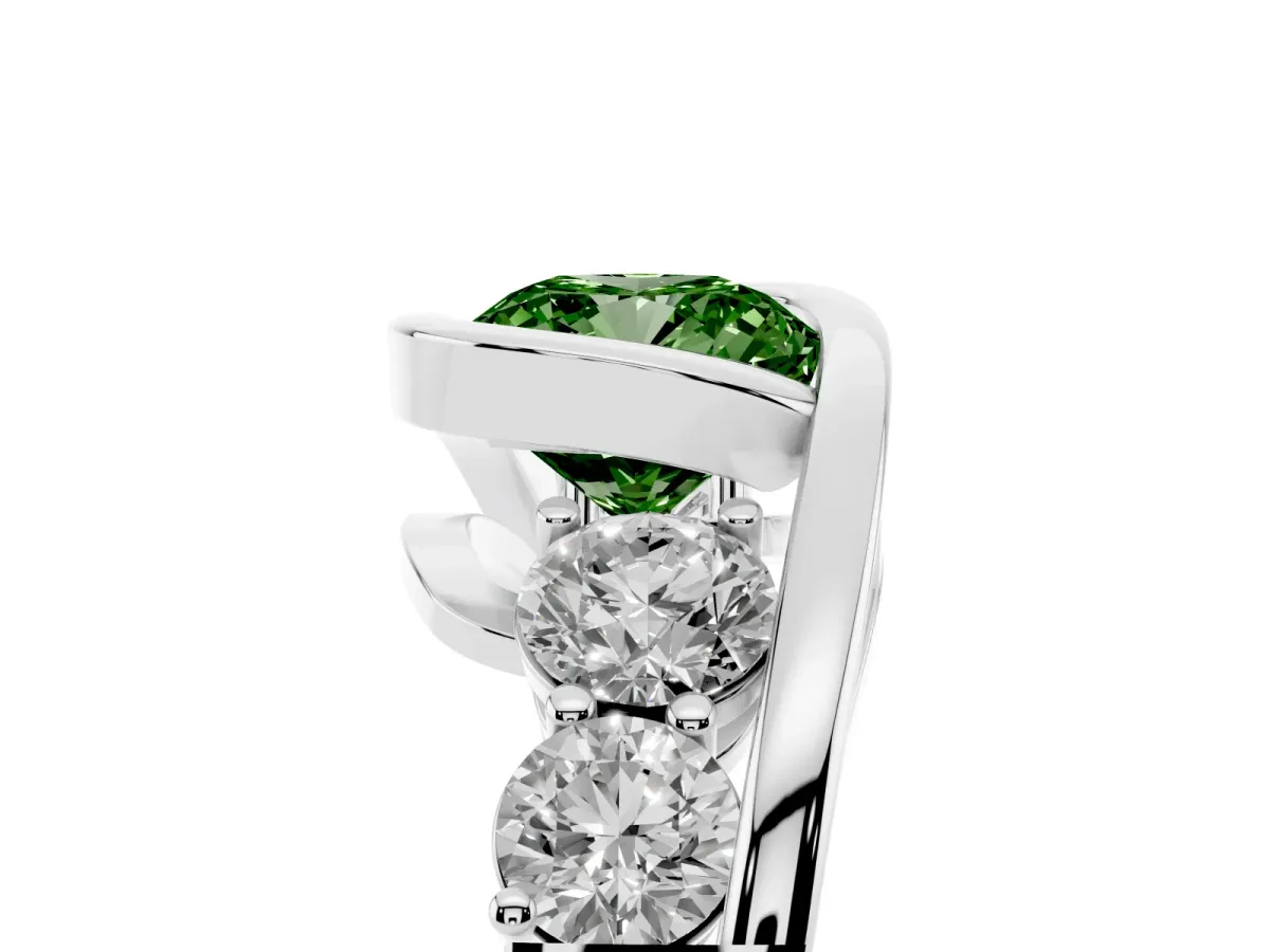 Fancy Green Bezel Set Cushion Cut Diamond Bypass Ring with Round Accents Platinum