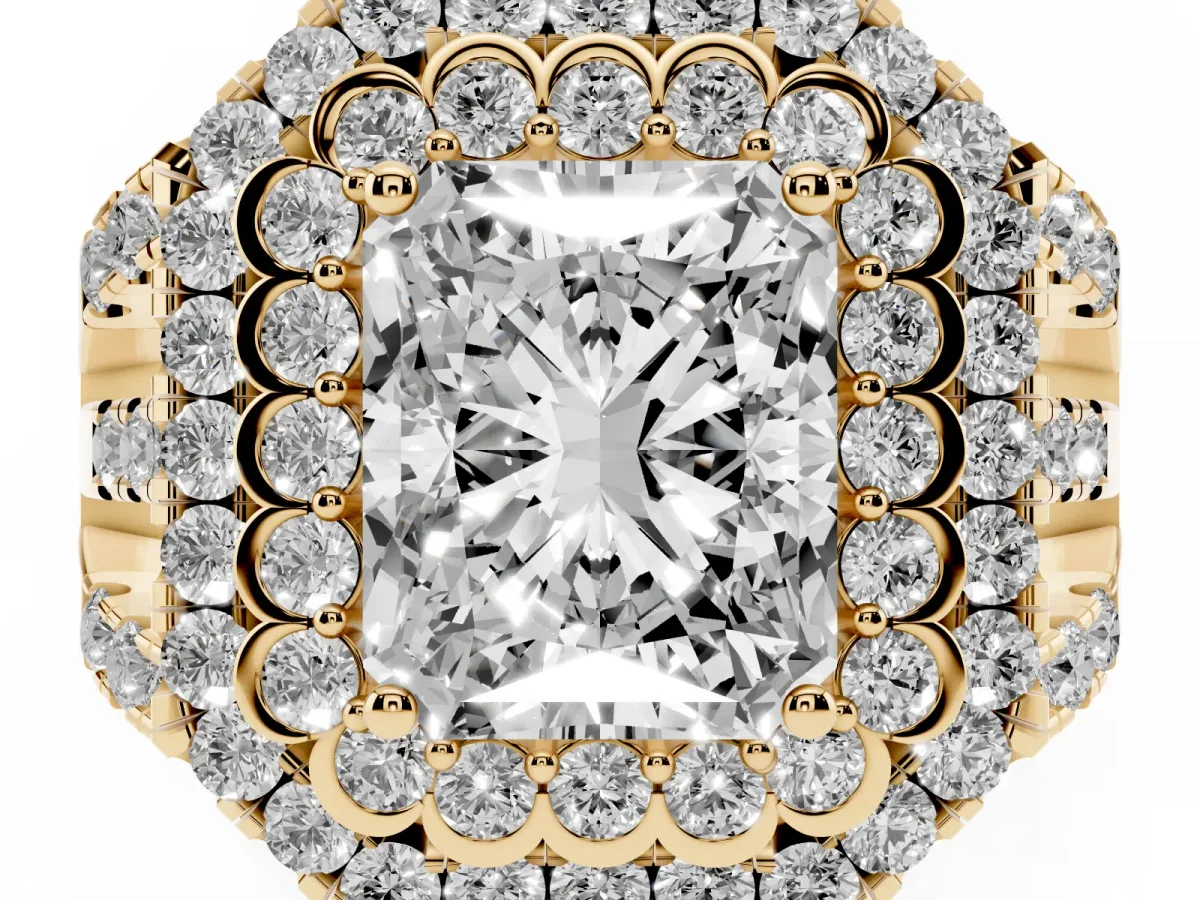 Radiant Cut Diamond Double Halo Ring with Round Pavé Split Shank and Prong Setting Yellow gold