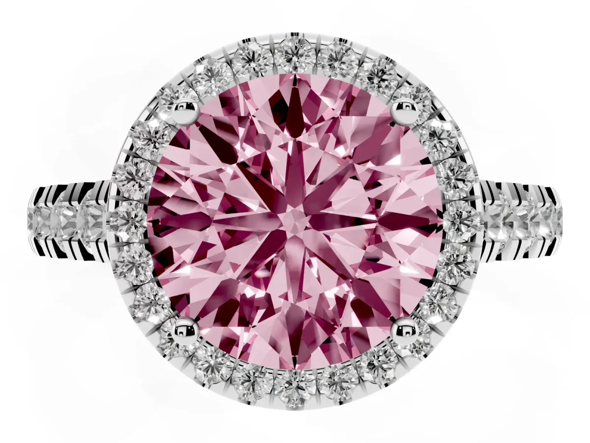 Fancy Pink Round Cut Halo Pavé Diamond Engagement Ring with Four-Prong Setting Platinum
