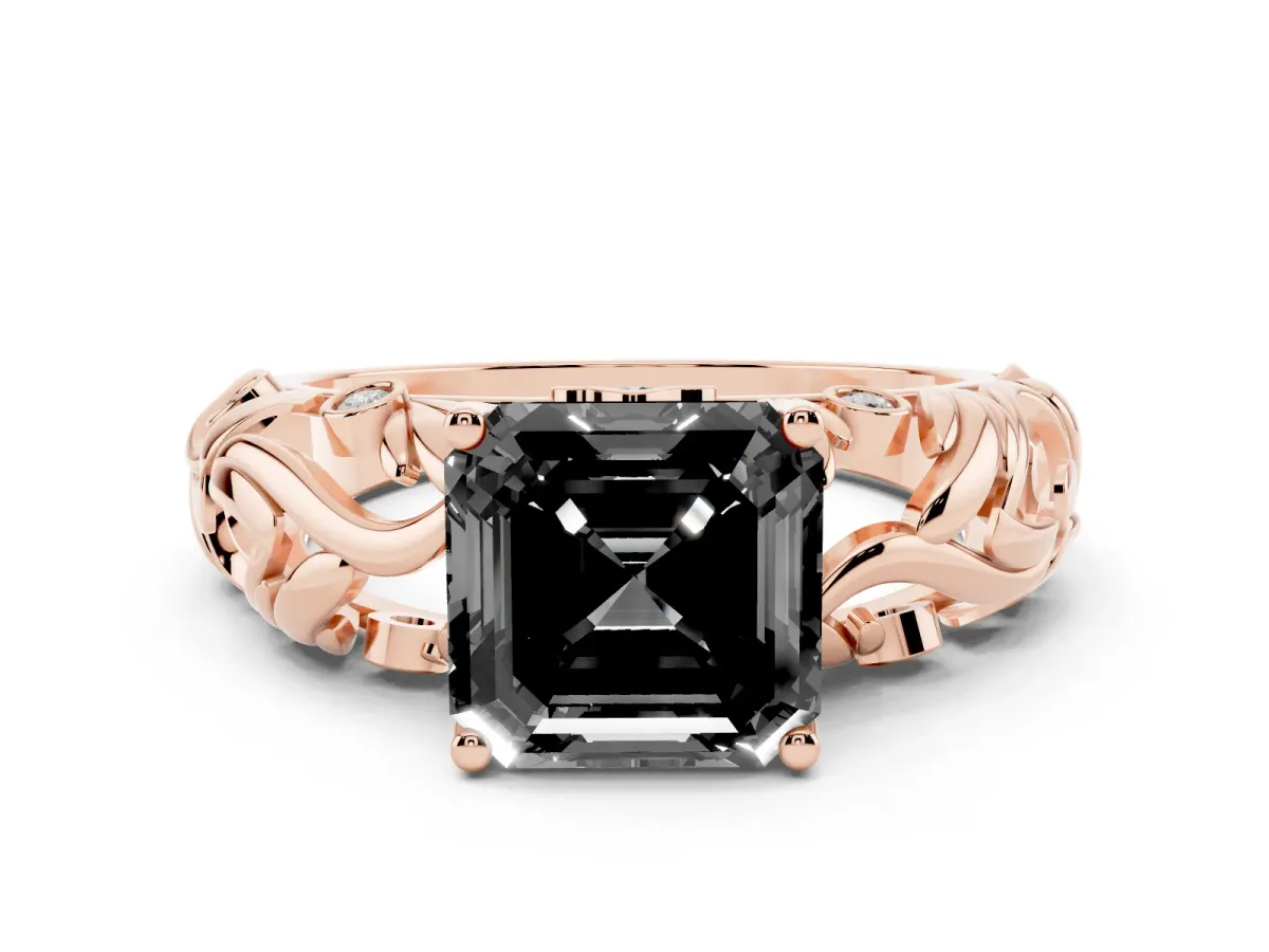 Fancy Black Asscher Cut Solitaire Diamond Leaf-Inspired Vine Band Ring with Prong Setting Rose gold