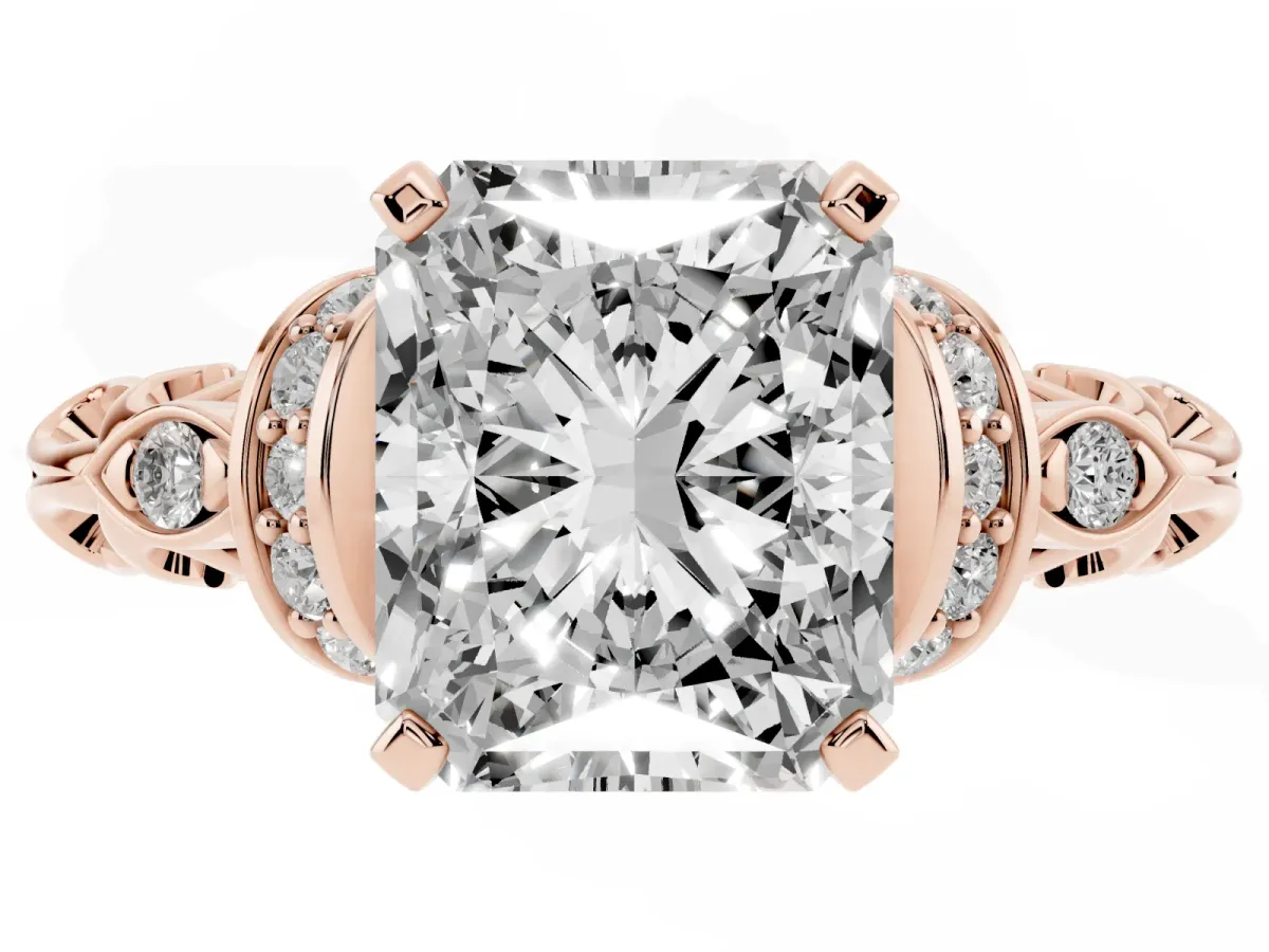 Radiant Cut Diamond Solitaire Ring with Filigree Band and Four-Prong Setting Rose gold