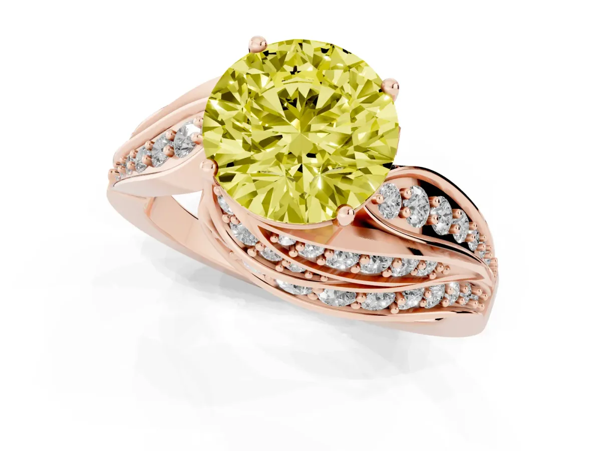 Fancy Yellow Round Cut Diamond Solitaire Ring with Prong Setting and Twisted Pavé Band Rose gold