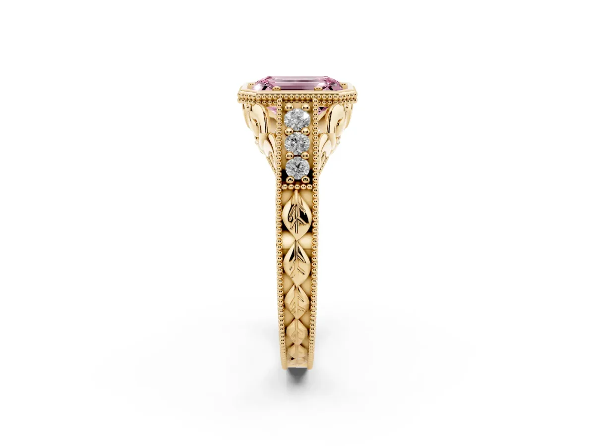 Fancy Pink Bezel Set Emerald Cut Diamond Milgrain Pave Engagement Ring Yellow gold