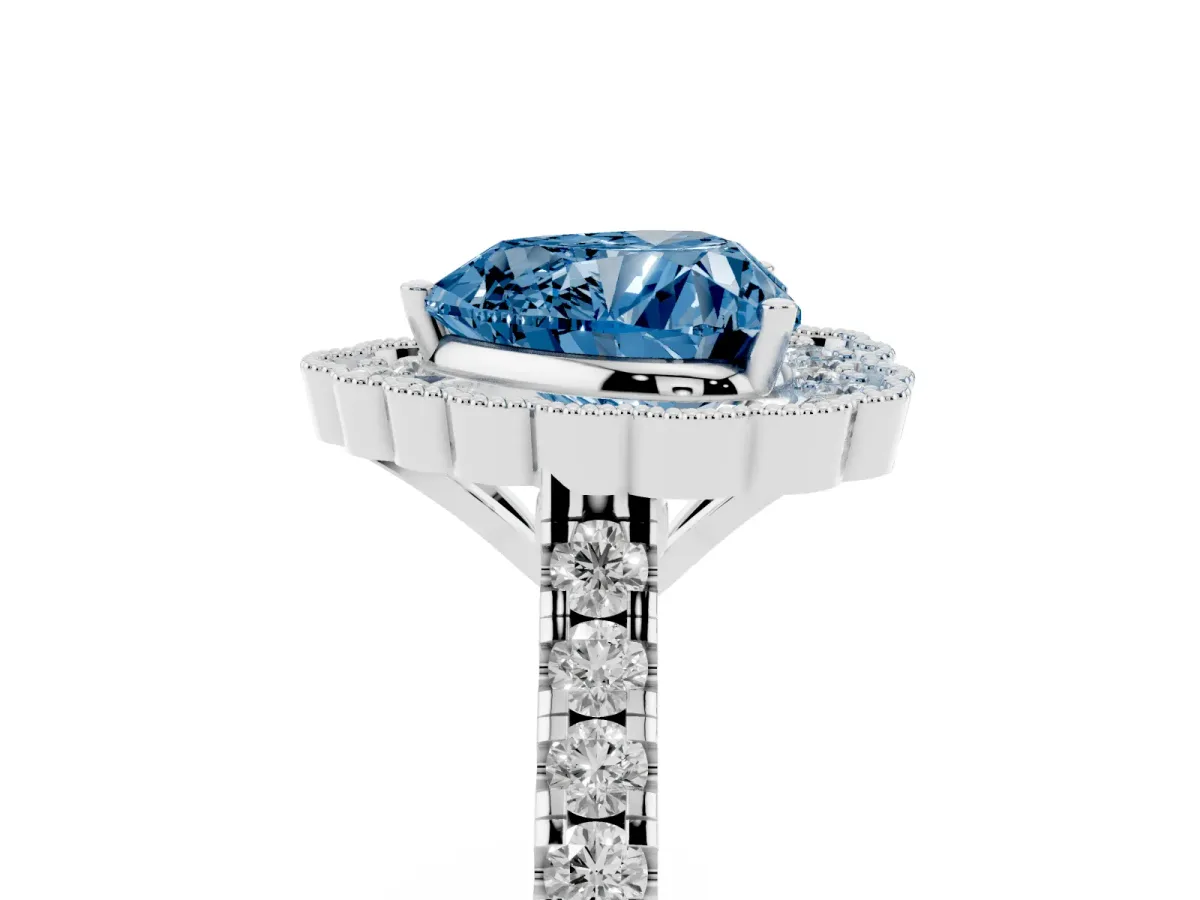 Fancy Blue Heart Cut Cut Diamond Milgrain Floral Halo Engagement Ring with Pavé Band Silver