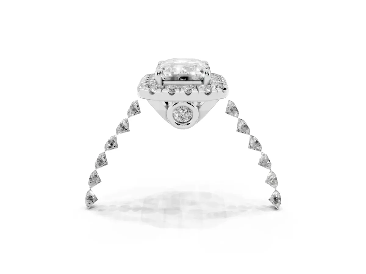 Emerald Cut Halo Pavé Diamond Engagement Ring with Four-Prong Setting Silver
