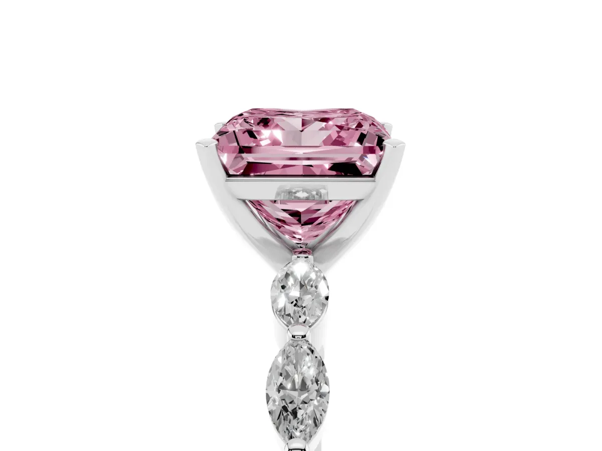 Fancy Pink Princess Cut Diamond Ring with Marquise Side Stones and Prong Setting Platinum