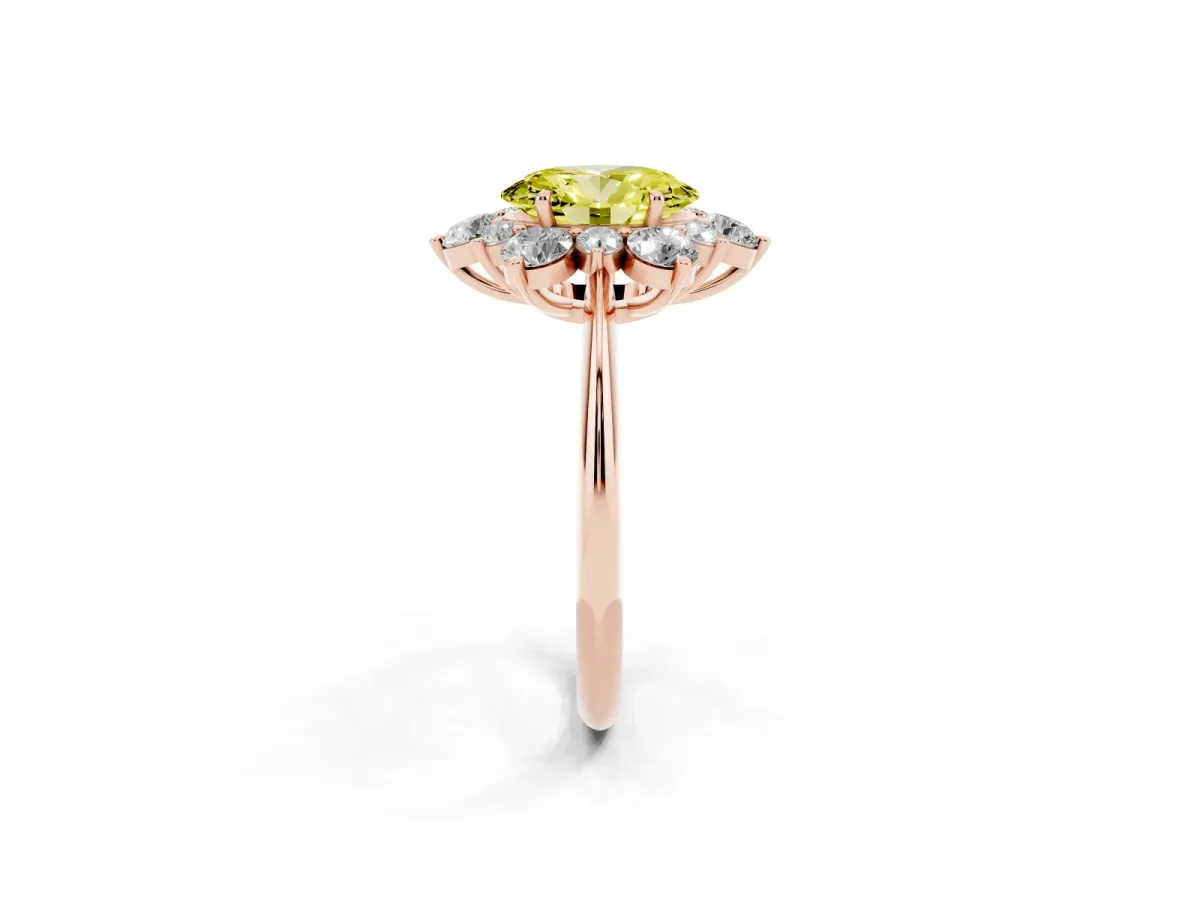 Fancy Yellow Oval Cut Diamond Cluster Halo Ring with Solitaire Band and Four-Prong Setting Rose gold