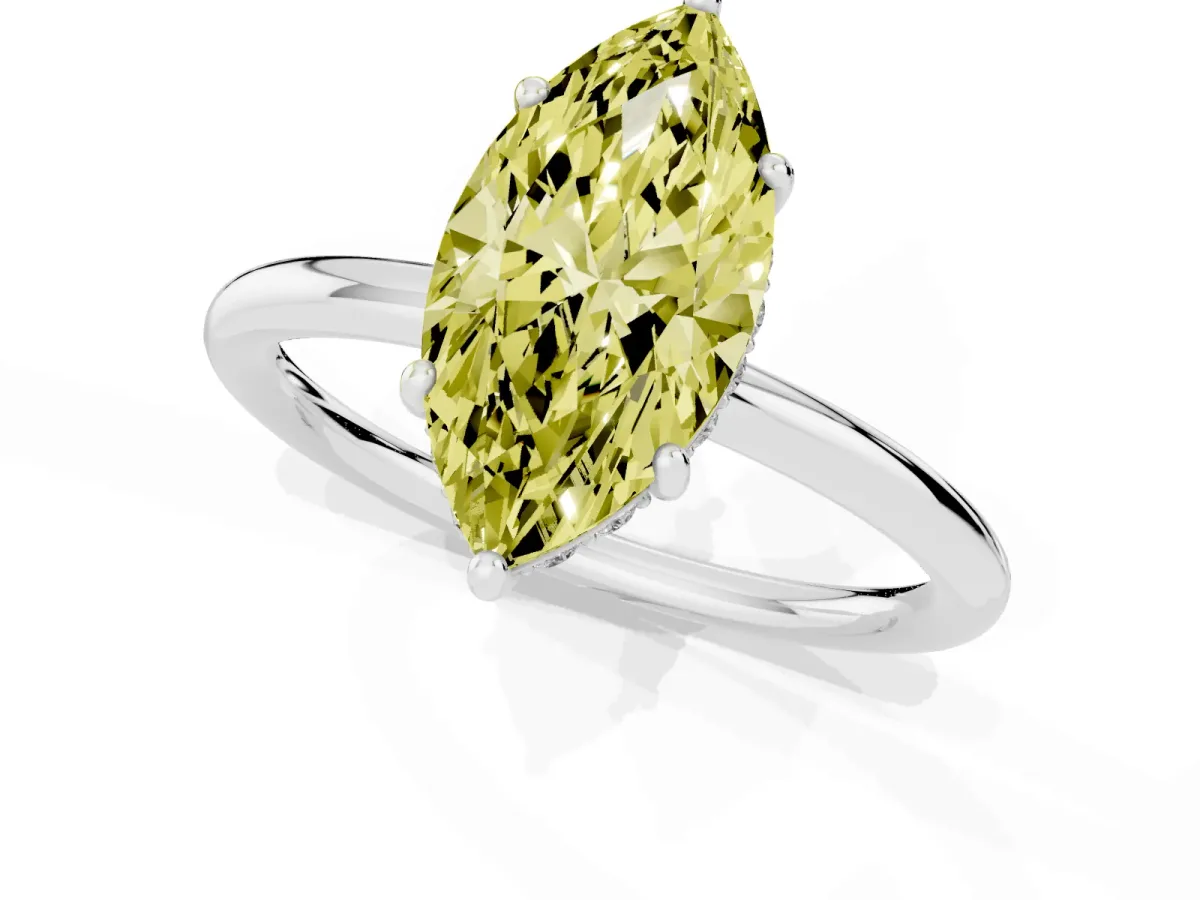 Fancy Yellow Marquise Cut Solitaire Diamond Ring with a Classic Band and Four-Prong Setting Platinum