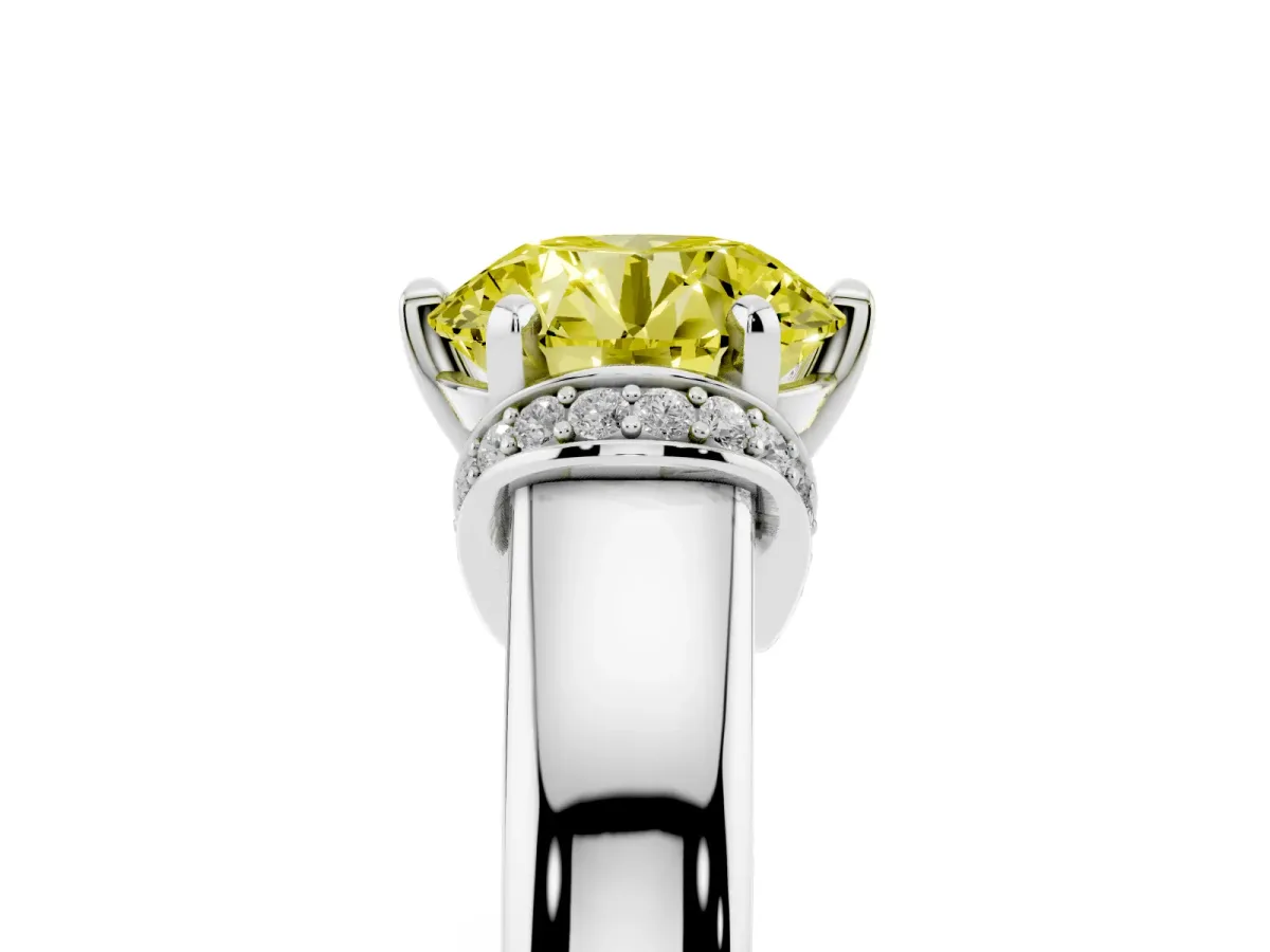 Fancy Yellow Round Cut Solitaire Diamond Ring with Pave Band and Six-Prong Setting Silver
