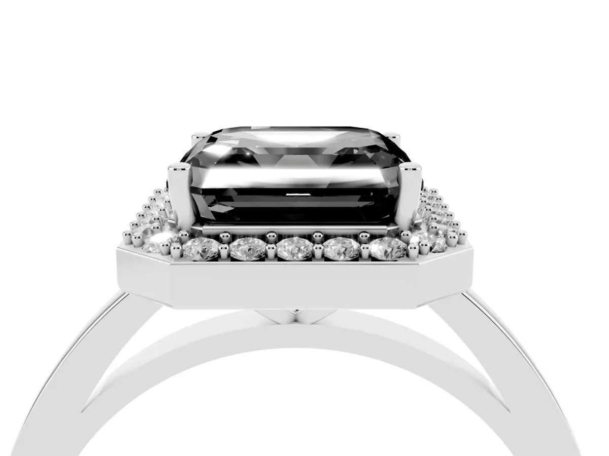 Fancy Black Asscher Cut Halo Diamond Ring with Solitaire Band and Prong Setting Silver