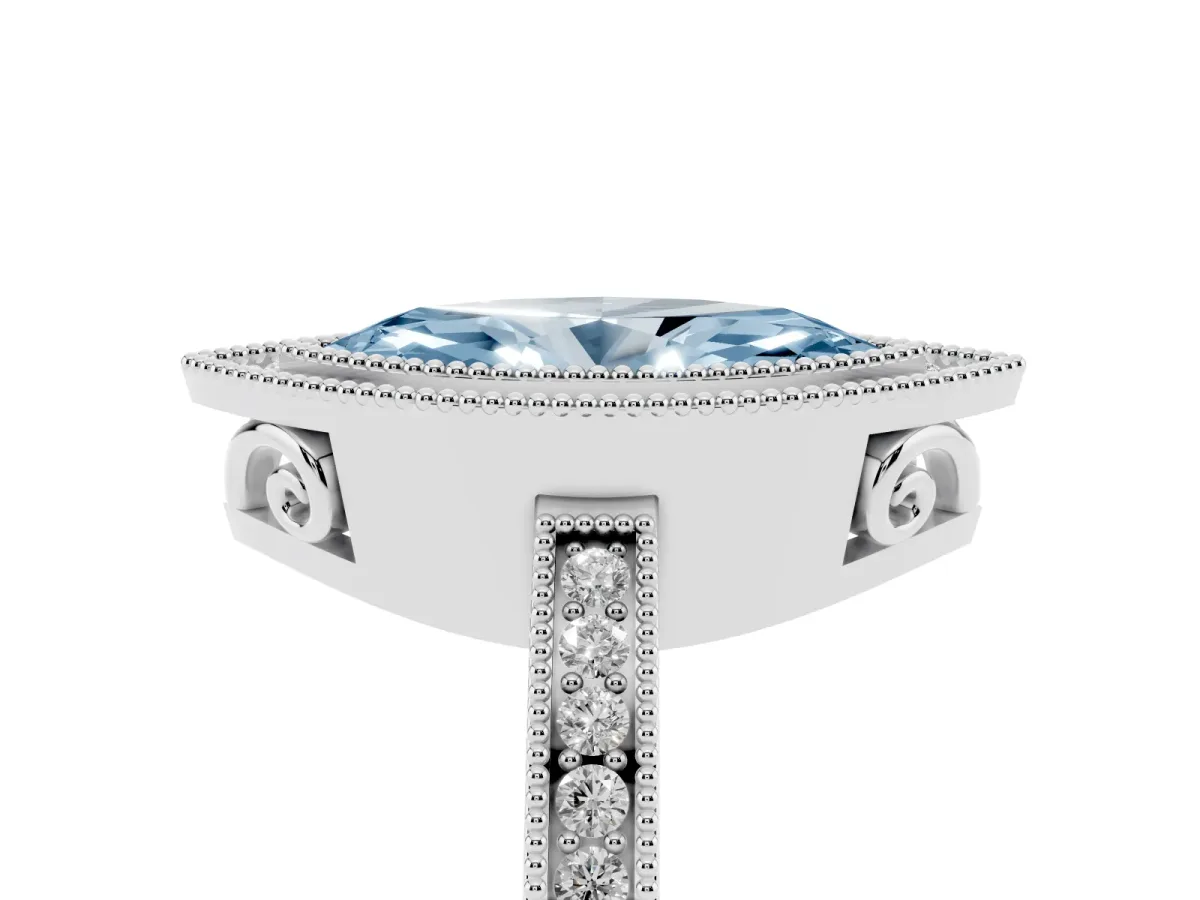 Fancy Blue Marquise Cut Cut Halo Diamond Ring with Pavé Band and Milgrain Prong Setting Platinum