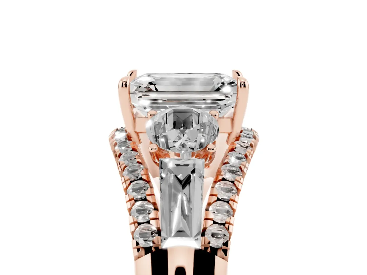 Three-Stone Emerald Cut Diamond Engagement Ring with Pave Band and Prong Setting Rose gold