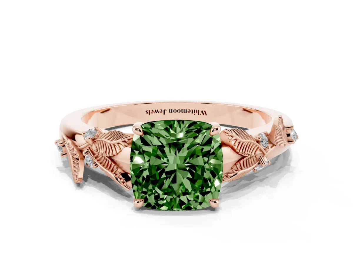 Fancy Green Cushion Cut Diamond Solitaire Ring with Leaf Motif Band and Four-Prong Setting Rose gold