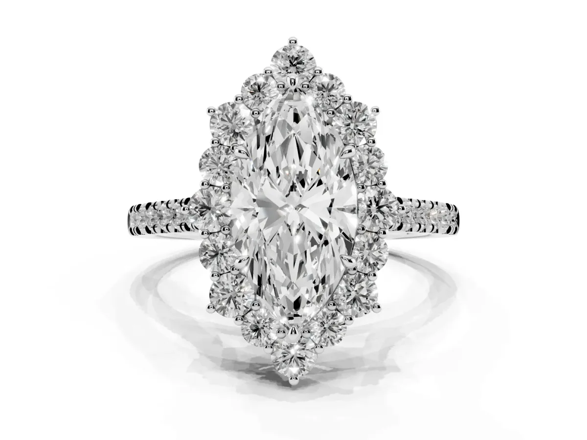 Marquise Cut Halo Diamond Ring with Pavé Band and Prong Setting Platinum