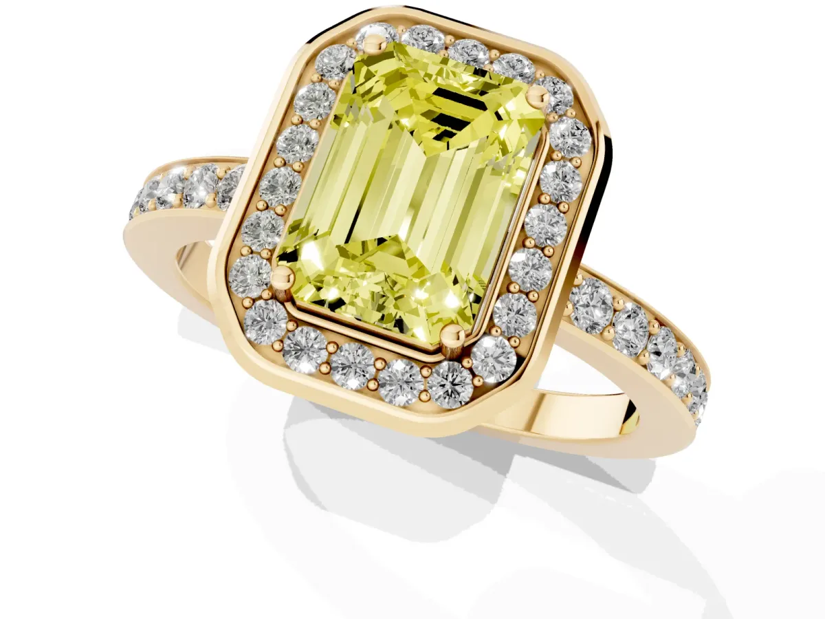 Fancy Yellow Emerald Cut Diamond Halo Ring with Bezel Frame and Pavé Band Yellow gold