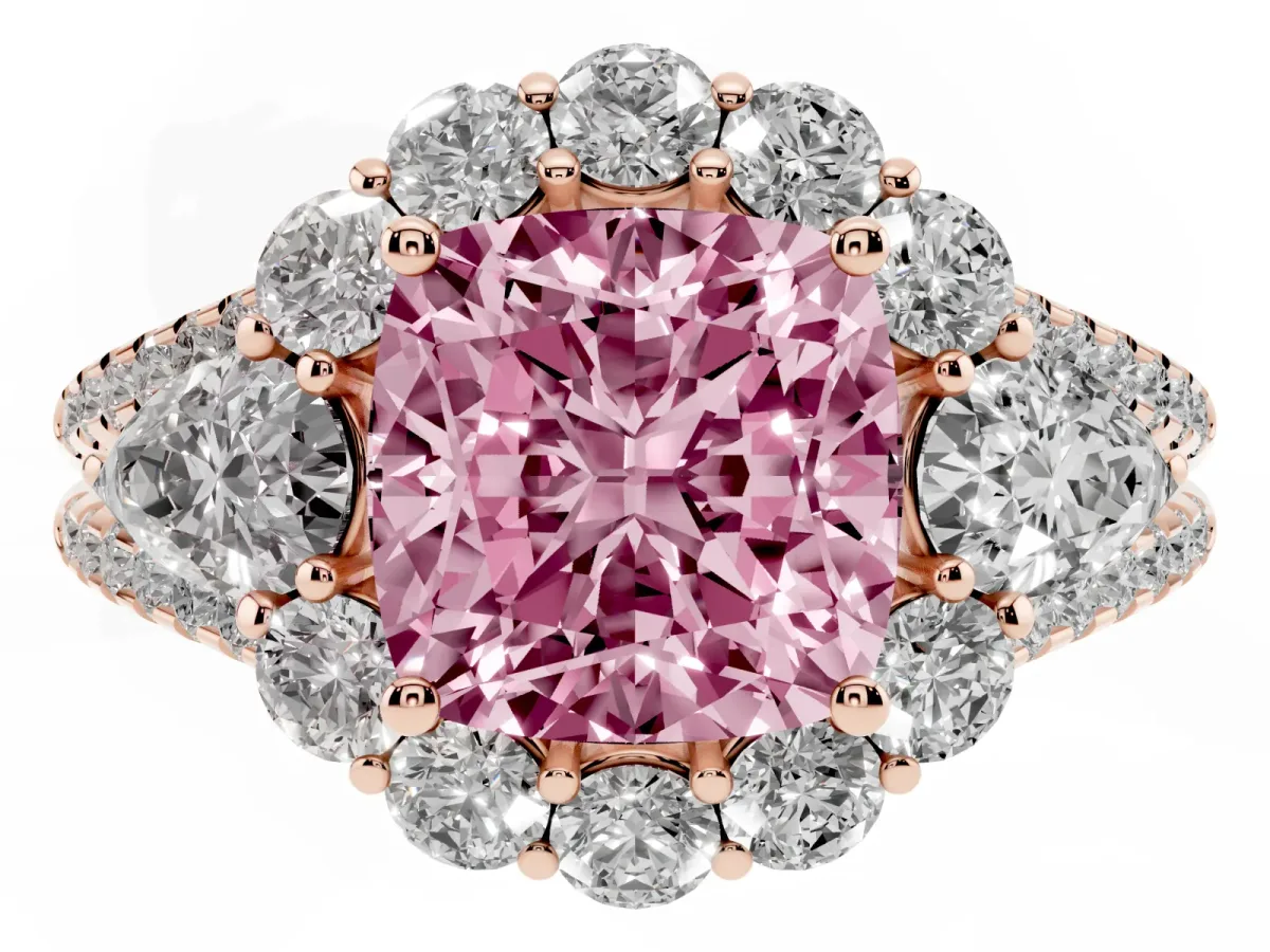 Fancy Pink Cushion Cut Halo Split Shank Diamond Engagement Ring with Prong Setting Rose gold