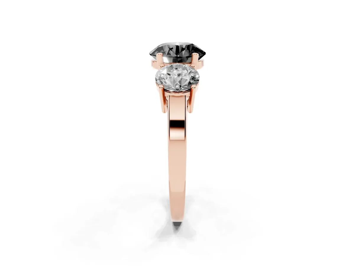 Fancy Black Three-Stone Round Cut Cut Diamond Engagement Ring with Flat Band and Four-Prong Setting Rose gold