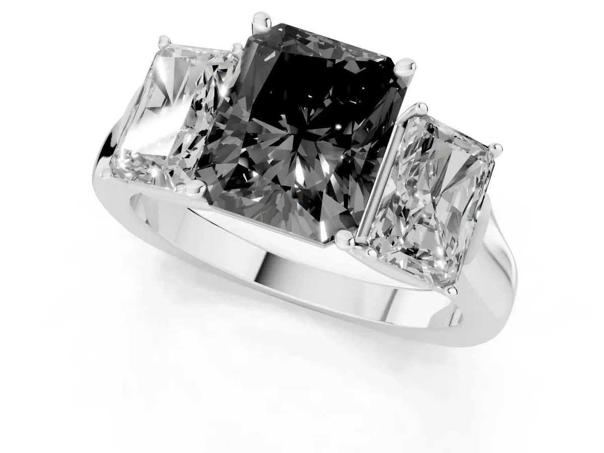 Fancy Black Three-Stone Radiant Cut Brilliant Diamond Trellis Ring with Comfort Fit Band Platinum