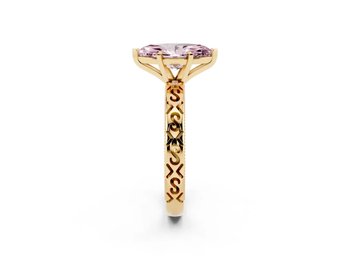 Fancy Pink Marquise Cut Solitaire Engagement Ring with Scrollwork Band and Four-Prong Setting Yellow gold