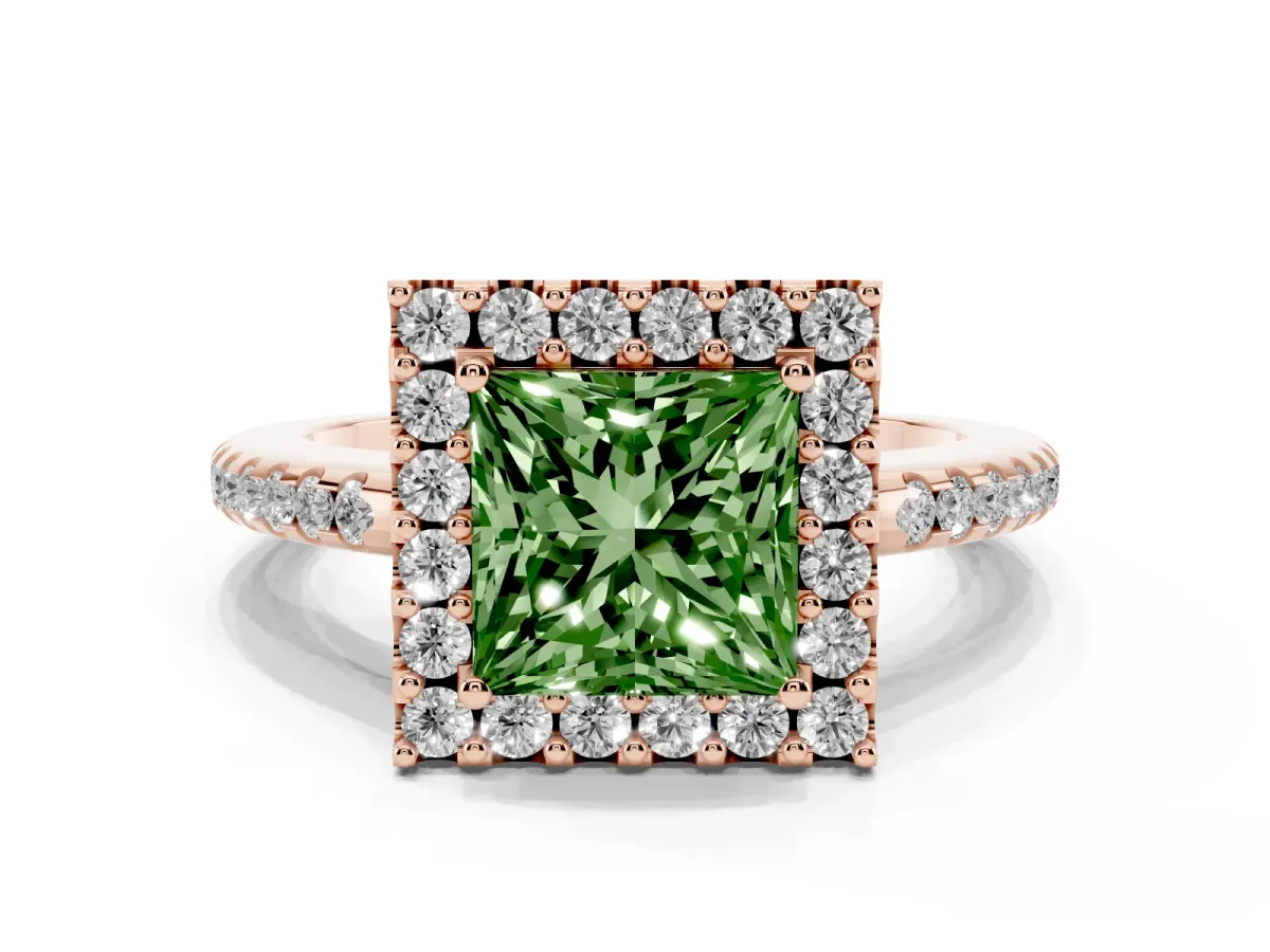 Fancy Green Princess Cut Diamond Pavé Halo Ring with Four-Prong Setting Rose gold
