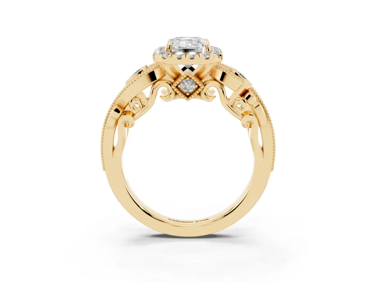 Emerald Cut Halo Diamond Ring with Milgrain and Bezel Accents on a Split Shank Band Yellow gold