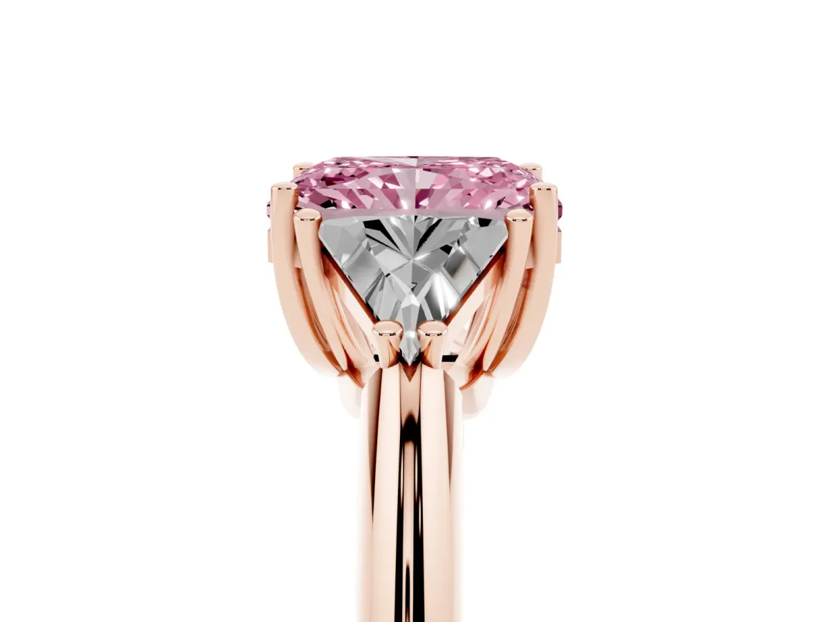 Fancy Pink Three-Stone Radiant Cut Diamond Engagement Ring with Trillion Side Stones and Prong Setting Rose gold