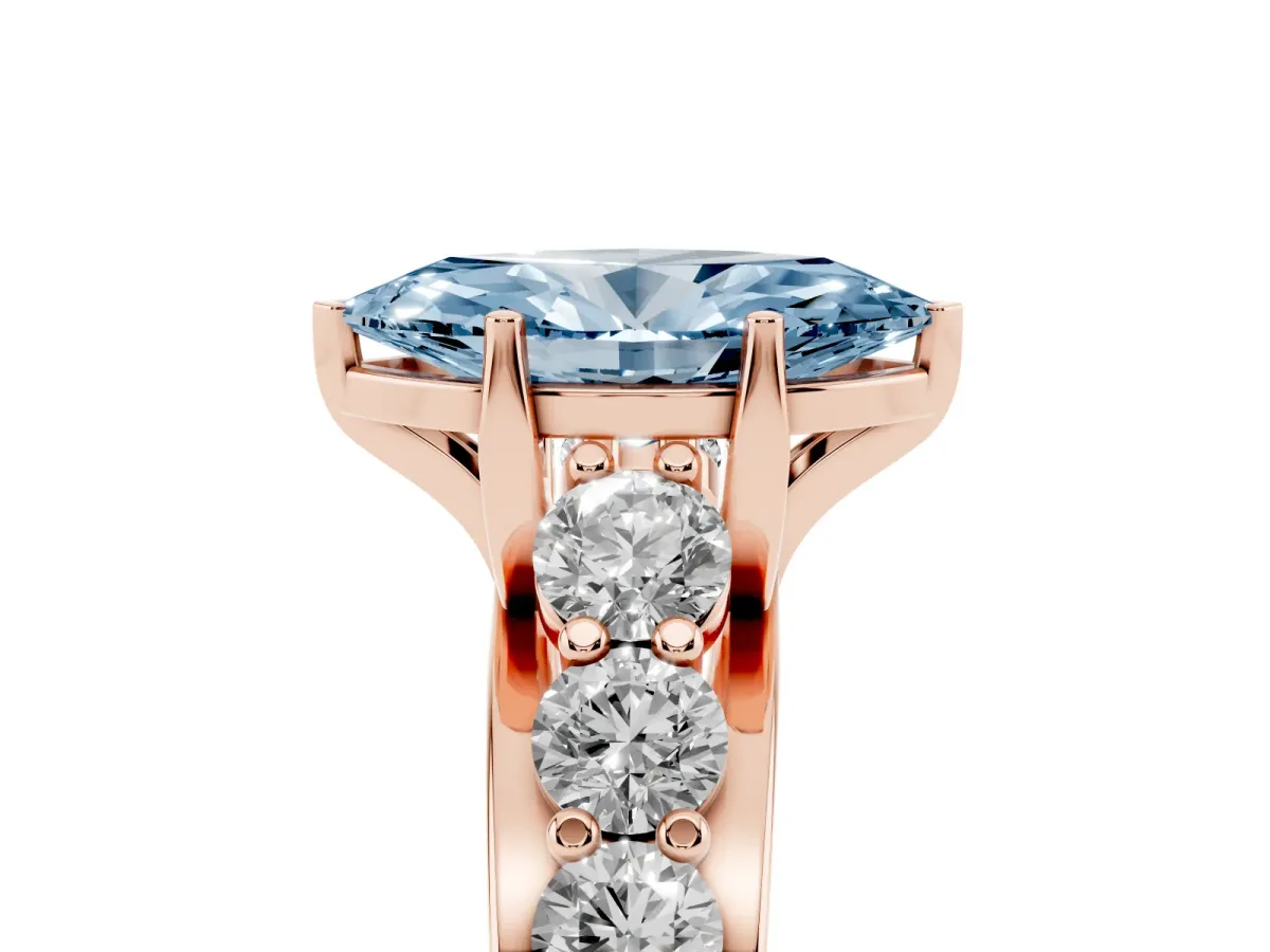 Fancy Blue Marquise Cut Diamond Engagement Ring with Pavé Band and Four-Prong Setting Rose gold