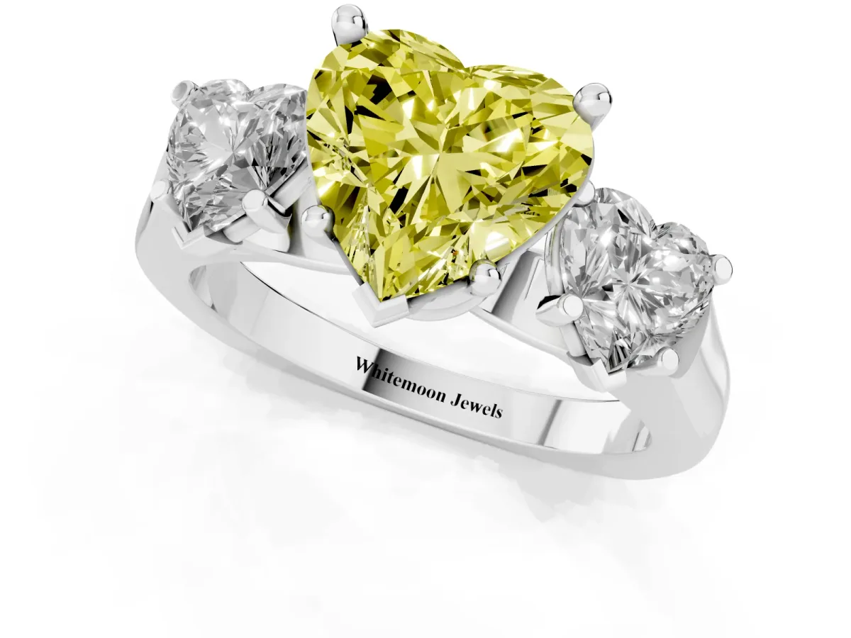 Fancy Yellow Three-Stone Heart Cut Brilliant Diamond Trellis Ring with Comfort Fit Band White gold