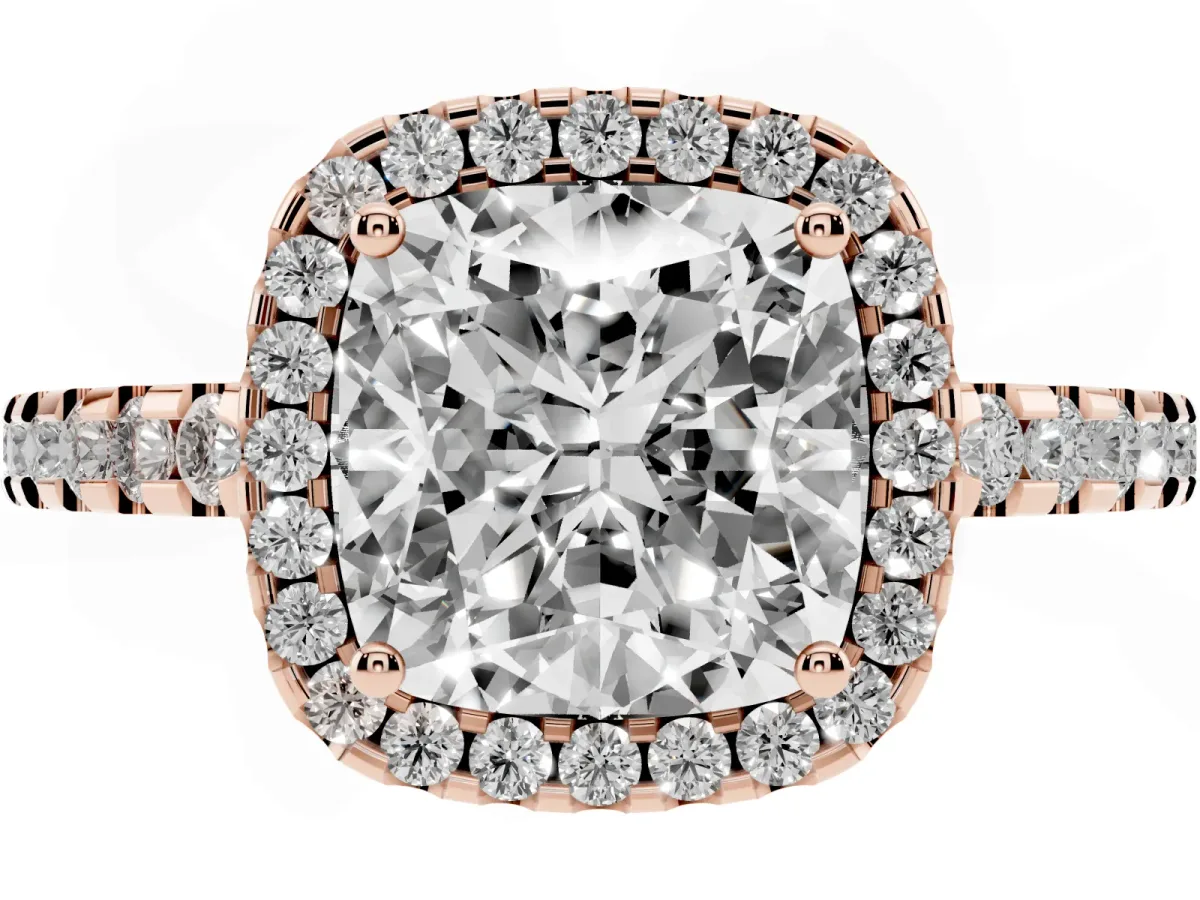 Cushion Cut Diamond Halo Engagement Ring with Pavé Band and Prong Setting Rose gold