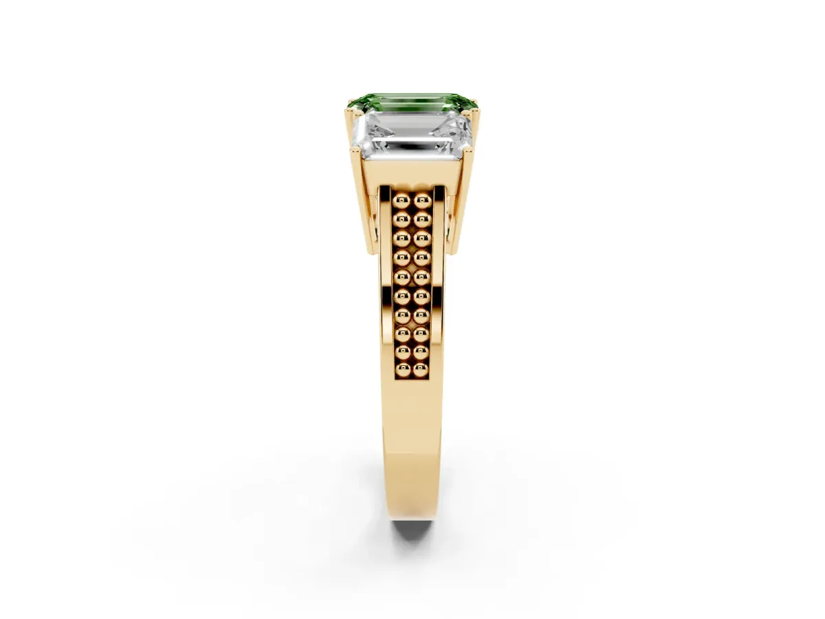 Fancy Green Emerald Cut Diamond Three-Stone Ring with Prong Setting and Textured Band Yellow gold
