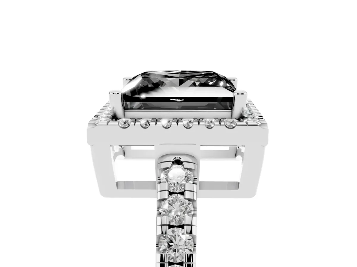 Fancy Black Princess Cut Diamond Halo Ring with Pavé Band and Four-Prong Setting White gold