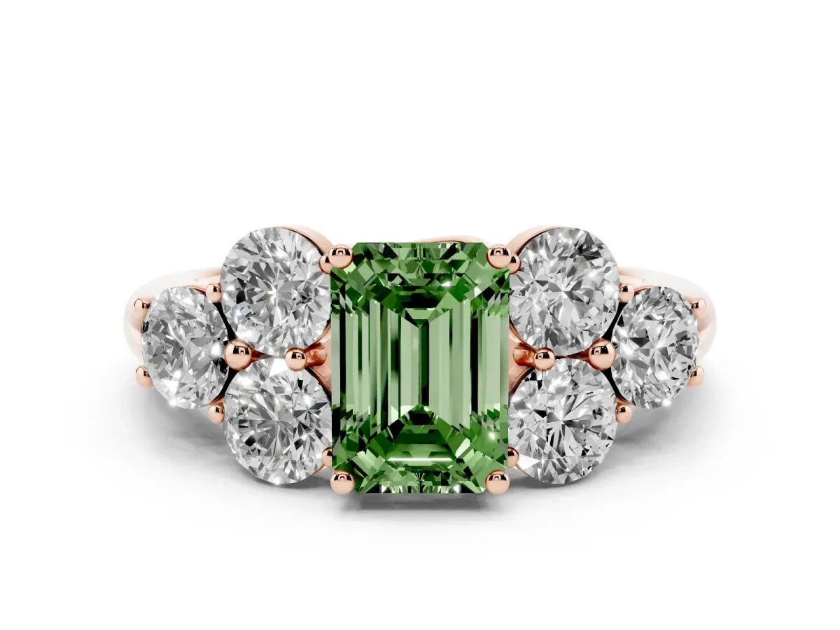 Fancy Green Emerald Cut Cut Diamond Cluster Ring with Round Accent Stones and Prong Setting on a Classic Band Rose gold