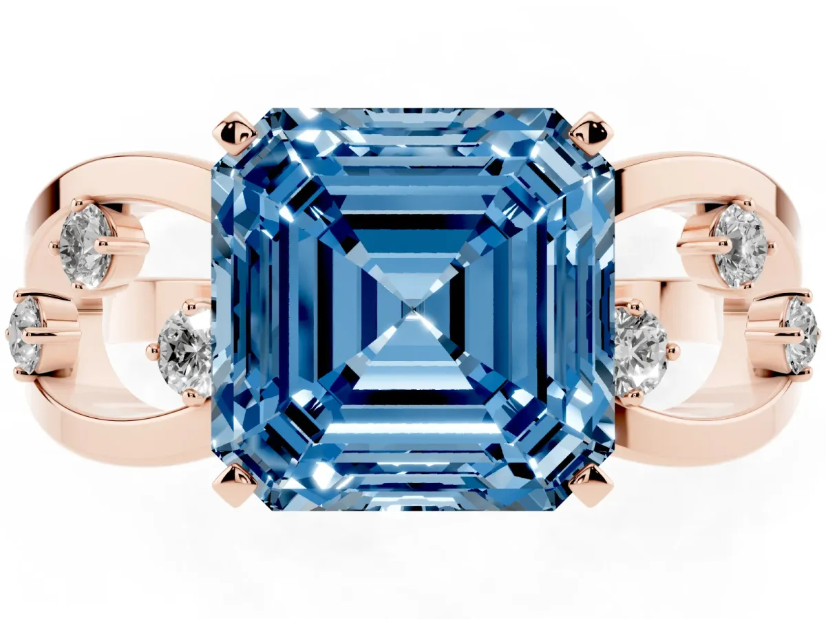 Fancy Blue Asscher Cut Cut Solitaire Diamond with Side Stones on Criss-Cross Band and Four-Prong Setting Rose gold