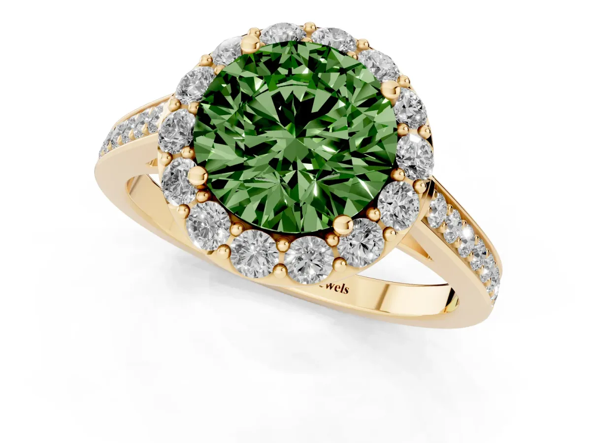 Fancy Green Round Cut Diamond Floral Halo Ring with Pavé Band and Prong Setting Yellow gold