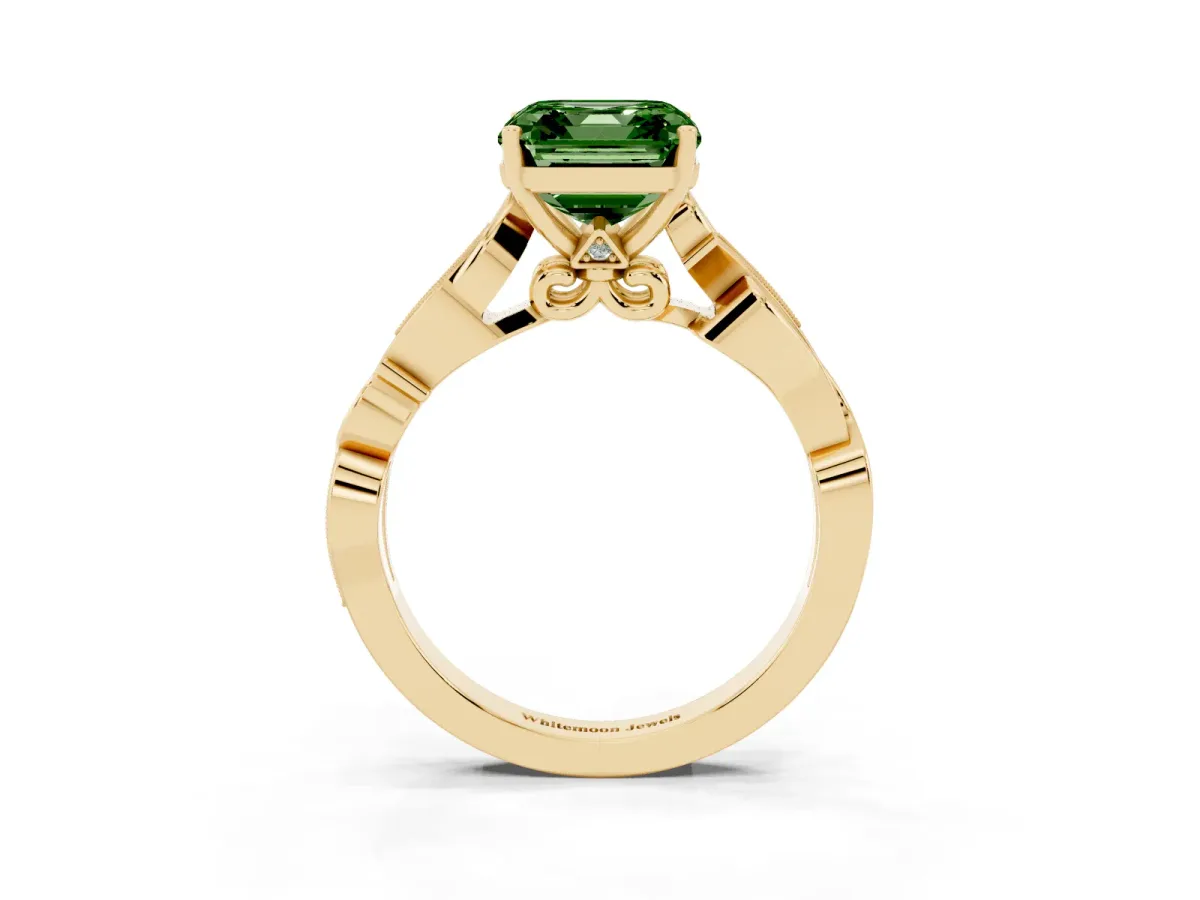 Fancy Green Asscher Cut Solitaire Vine Band with Milgrain Prong Setting Yellow gold