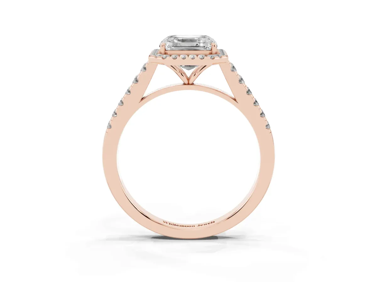 Asscher Cut Halo Pave Diamond Engagement Ring with Four-Prong Setting Rose gold