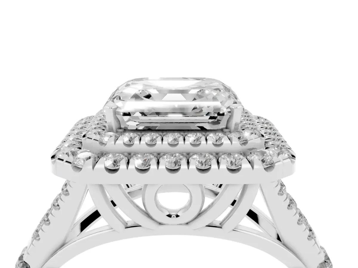 Asscher Cut Cut Double Halo Split Shank Diamond Ring with Prong Setting Silver