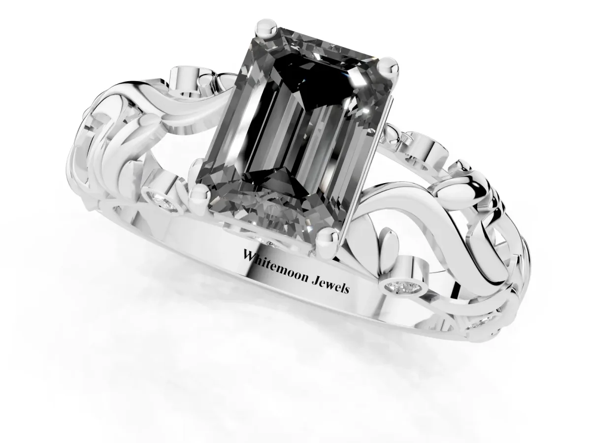 Fancy Black Emerald Cut Solitaire Diamond Leaf-Inspired Vine Band Ring with Prong Setting White gold
