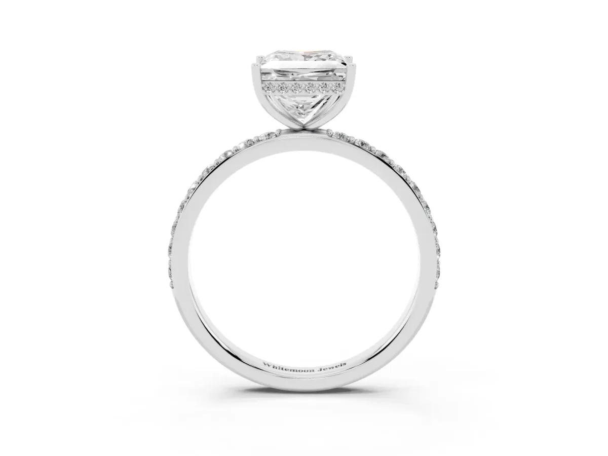 Princess Cut Diamond Solitaire Ring with Pavé Band and Hidden Halo Silver