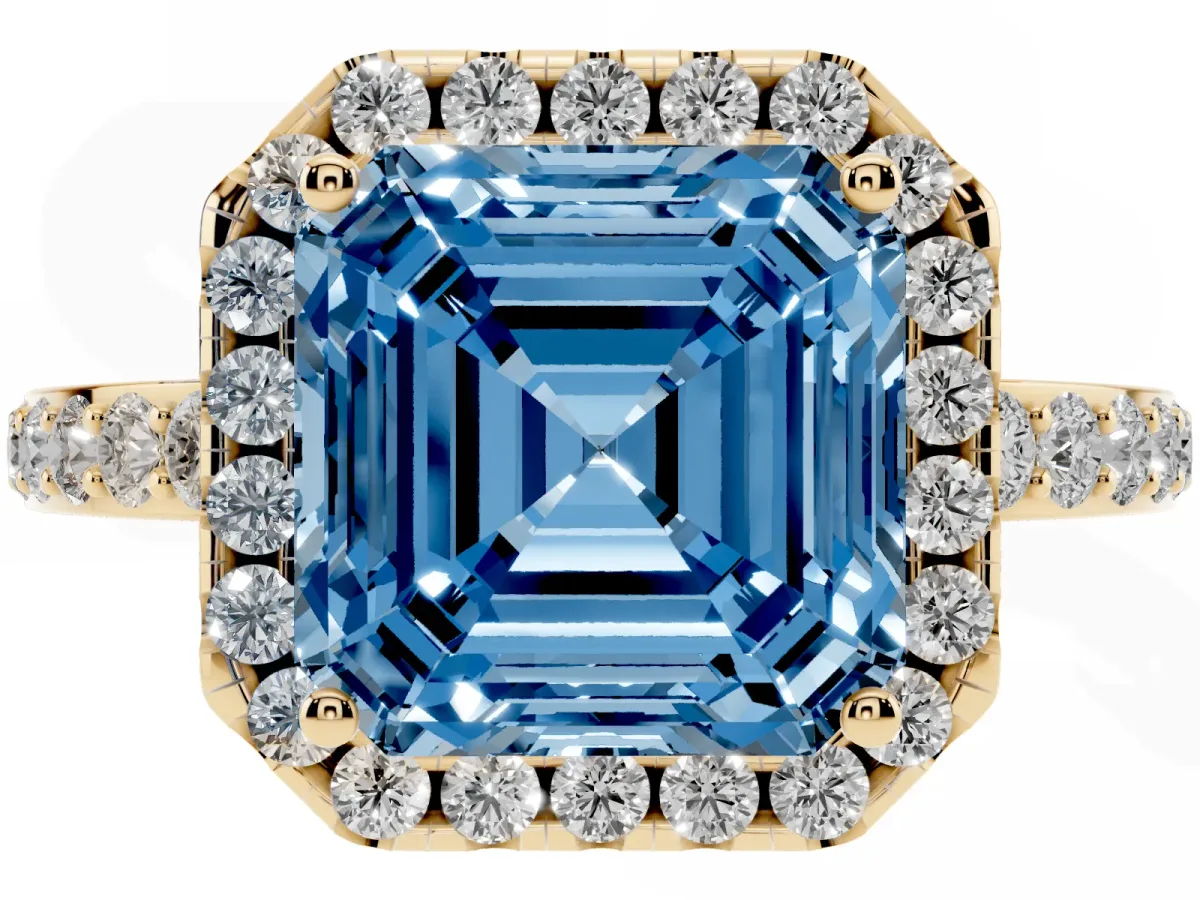 Fancy Blue Asscher Cut Halo Diamond Pavé Band Ring with Prong Setting Yellow gold