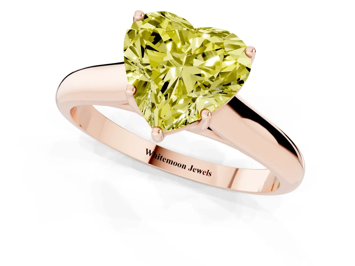 Fancy Yellow Heart Cut Cut Diamond Solitaire Engagement Ring with Tapered Plain Band and Four-Prong Setting Rose gold