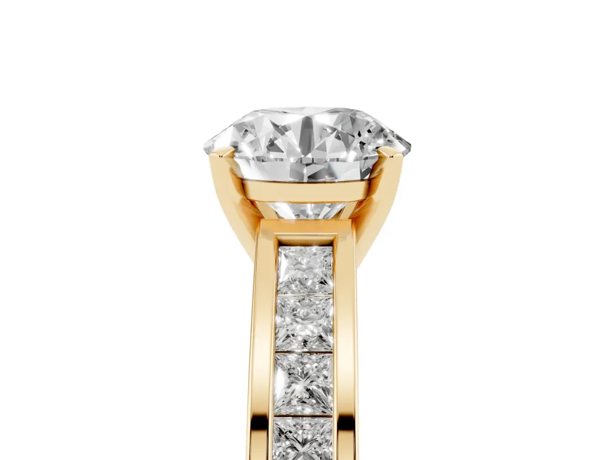 Round Cut Solitaire Diamond Ring with Channel-Set Band and Four-Prong Setting Yellow gold