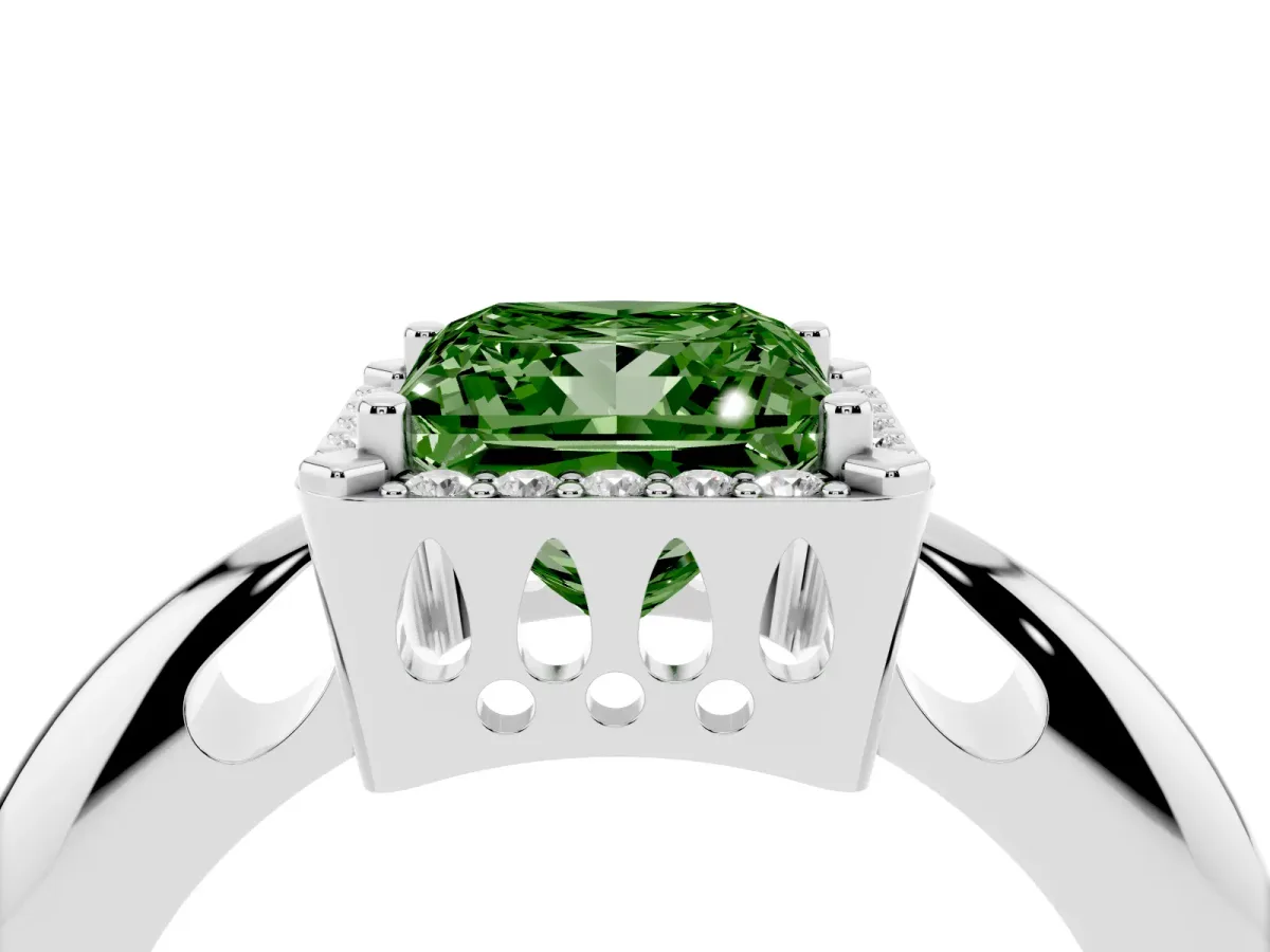 Fancy Green Princess Cut Cut Diamond Halo Engagement Ring with Split Shank and Four-Prong Setting Silver