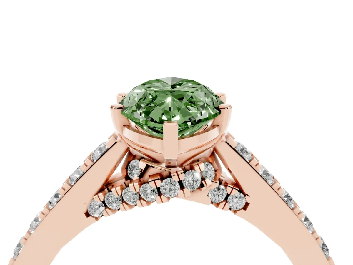 Fancy Green Marquise Cut Diamond Solitaire Ring with Crossover Gallery and Round Pavé Band Rose gold