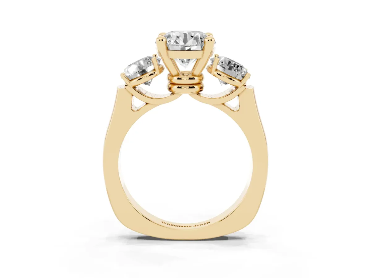 Three-Stone Round Cut Brilliant Diamond Trellis Ring with Comfort Fit Band Yellow gold