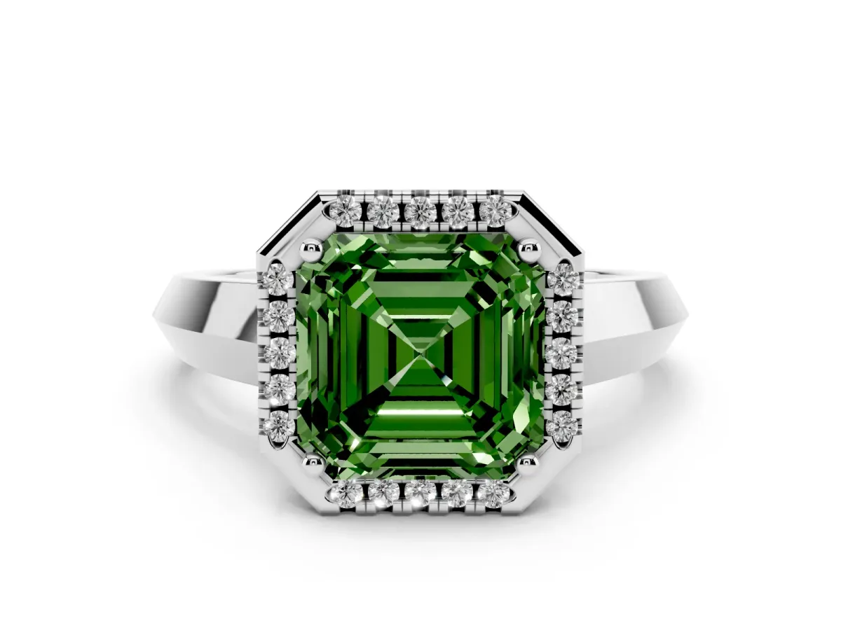 Fancy Green Asscher Cut Halo Diamond Ring with Cathedral Band and Four-Prong Setting White gold